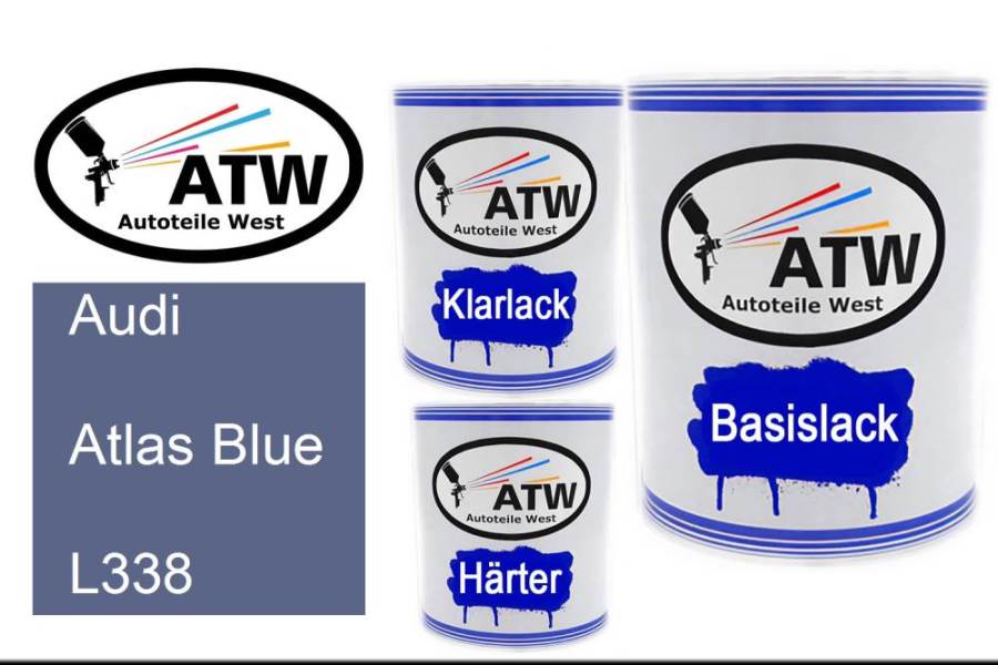 Audi, Atlas Blue, L338: 1L Lackdose + 1L Klarlack + 500ml Härter - Set, von ATW Autoteile West.